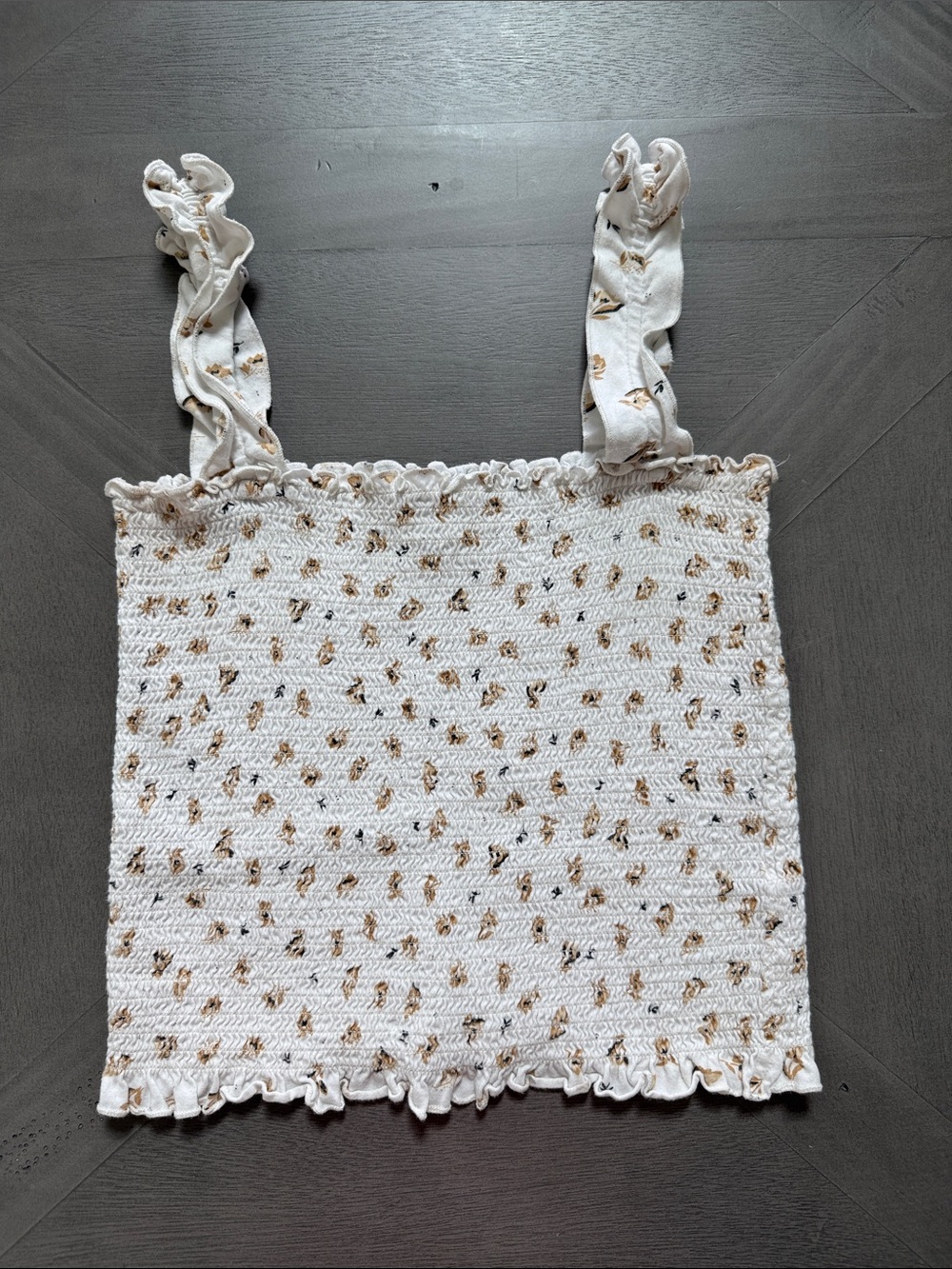 Billabong White Smocked Floral Crop Top with Beige Print